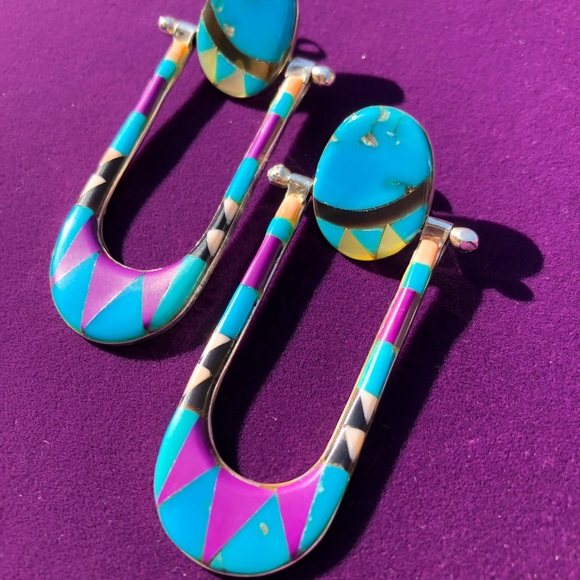 Vintage Native American Zuni - Inlay Earrings in Sterling. - Picture 2 of 8